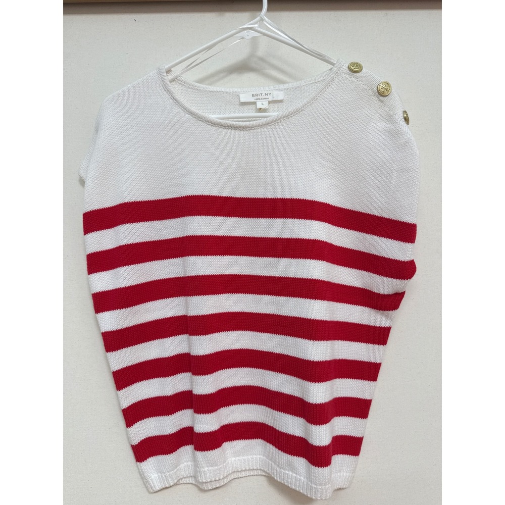 Brit.ny Womens Red White Striped Cotton Knit Sweater Vest Gold Buttons Large